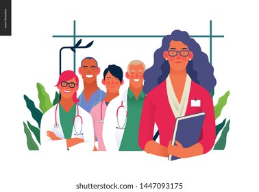 Medical Insurance Illustration -hospital Administrator -modern Flat Vector Concept Digital Illustration - A Female Hospital Administrator With A Team Of Doctors Concept, Medical Office Or Laboratory