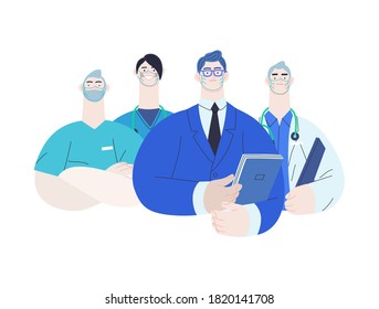 Medical insurance illustration -hospital administrator -modern flat vector concept digital illustration - a male hospital administrator with a team of doctors concept, medical office or laboratory