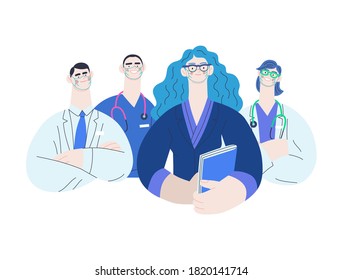 Medical Insurance Illustration -hospital Administrator -modern Flat Vector Concept Digital Illustration - A Female Hospital Administrator With A Team Of Doctors Concept, Medical Office Or Laboratory