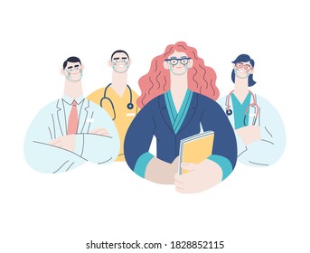 Medical Insurance Illustration -hospital Administrator -modern Flat Vector Concept Digital Illustration - A Female Hospital Administrator With A Team Of Doctors Concept, Medical Office Or Laboratory