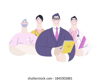 Medical Insurance Illustration -hospital Administrator -modern Flat Vector Concept Digital Illustration - A Male Hospital Administrator With A Team Of Doctors Concept, Medical Office Or Laboratory