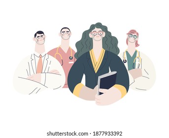 Medical insurance illustration -hospital administrator -modern flat vector concept digital illustration - a female hospital administrator with a team of doctors concept, medical office or laboratory