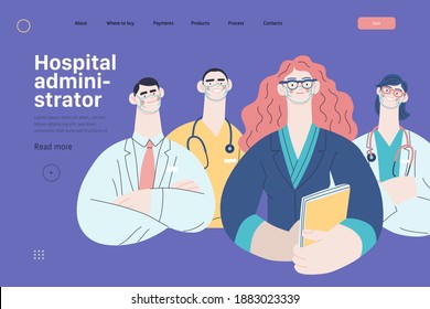 Medical Insurance Illustration -hospital Administrator -modern Flat Vector Concept Digital Illustration - A Female Hospital Administrator With A Team Of Doctors Concept, Medical Office Or Laboratory