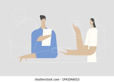 Medical insurance illustration. Hospital administrator, reading papers and a nurse with documents in the medical office.