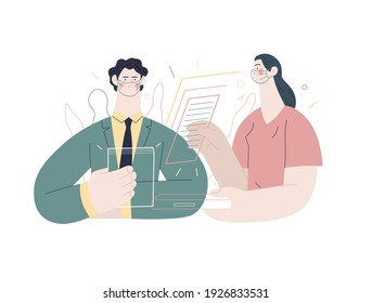 Medical insurance illustration -list of documents -modern flat vector concept digital illustration - a male hospital administrator reading papers and a nurse with documents in the medical office