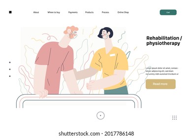 Medical insurance illustration - rehabilitation and physiotherapy. Modern flat vector