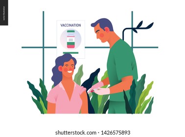 Medical insurance - immunization, vaccination schedule -modern flat vector concept digital illustration - a therapist vaccinating a patient, medical office or laboratory