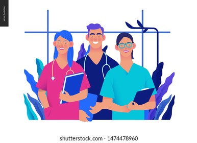 Medical insurance -internship jobs -modern flat vector concept digital illustration - young medical specialists standing together, team of interns concept, medical office or laboratory