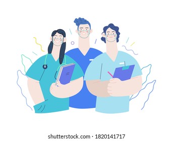 Medical insurance -internship jobs -modern flat vector concept digital illustration - young medical specialists standing together, team of interns concept, medical office or laboratory