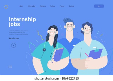 Medical insurance -internship jobs -modern flat vector concept digital illustration - young medical specialists standing together, team of interns concept, medical office or laboratory