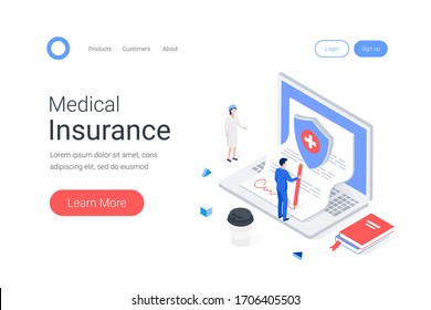 Medical insurance isometric concept. Patient signs a contract with medical insurance company. Trendy flat 3d isometric style. Landing page template. Vector illustration.