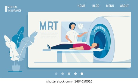 Medical Insurance Landing Page Offer MRT Diagnosis. Female Doctor Examines Male Patient on Magnetic Resonance Tomography in Laboratory. MRI Procedure and Diagnostic Tests. Vector Flat Illustration