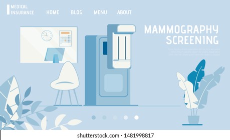 Medical Insurance Landing Page Offers Mammogram. Mammography Screening Test on Modern Equipment. Breast Diagnosis. Cancer Prevention. Affordable Medicine. Vector Flat Cartoon Illustration