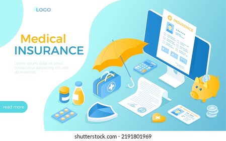 Medical Insurance. Life insurance, protection of health, health plan. Contract document, policy, filling medical form. Isometric vector illustration for website.