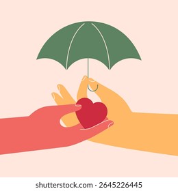 medical Insurance, life saving. health protection, security. Hand with open umbrella guarding hand with red heart. Vector illustration