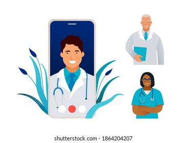 Medical Insurance. Modern Flat Vector Illustration of Doctor on a Screen of Smartphone. Medical Appointment Through Smartphone Concept. Different Types of Specialists.