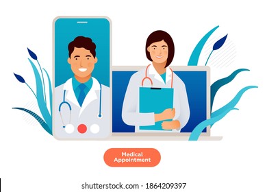 Medical Insurance. Modern Flat Vector Illustration of Doctors on a Screen of Smartphone and Laptop on Abstract Background. Medical Appointment Through Device Concept.