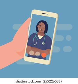 Medical Insurance. Modern Flat Vector Illustration of Hand Holding Smartphone with Female Doctor on a Screen of Smartphone. Medical Appointment Online Through Device Concept.