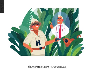 Medical insurance - online doctor service -modern flat vector concept digital illustration - a traveller man wearing bamboo helmet in the jungle talking online with a doctor, medical service metaphor