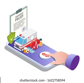 Medical insurance online vector illustration. Smartphone with insurance policy, shield, medicine items, finger tapping buy button. Isometric composition for poster, banner, website page, etc.