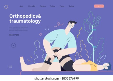 Medical insurance - orthopedic and traumathology -modern flat vector concept digital illustration - an orthopaedist attaching the orthosis to a lying female patient, medical office or laboratory