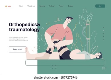 Medical insurance - orthopedic and traumathology -modern flat vector concept digital illustration - an orthopaedist attaching the orthosis to a lying female patient, medical office or laboratory