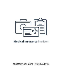 Medical Insurance Policy Concept Logo, Medicine Card, Check Up Clip Board, Suite Of Services, Vector Line Icon