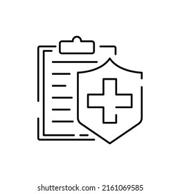 Medical insurance policy concept logo, medicine card, check up clip board, suite of services, vector line icon. Save and protect