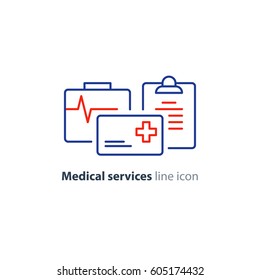 Medical Insurance Policy Concept Logo, Medicine Card, Check Up Clip Board, Suite Of Services, Vector Line Icon