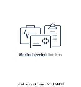 Medical Insurance Policy Concept Logo, Medicine Card, Check Up Clip Board, Suite Of Services, Vector Line Icon