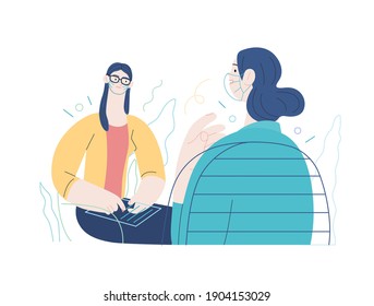 Medical insurance -psychological support -modern flat vector concept digital illustration of a therapist wearing glasses, taking session notes in notepad while female patient talking about her problem