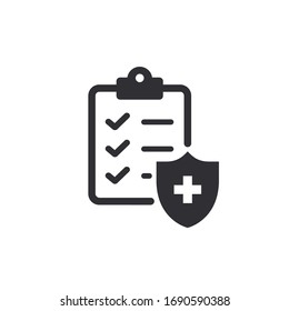 Medical insurance. Medical record. Tasks. Clipboard icon. Task done. Signed approved document icon. Project completed. Medical card. Medical survey. Shield icon. Health document. Data protection.