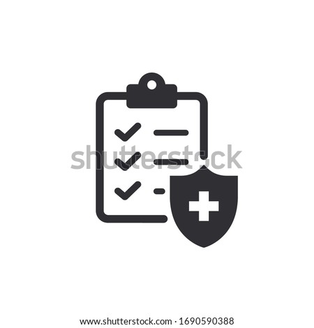 Medical insurance. Medical record. Tasks. Clipboard icon. Task done. Signed approved document icon. Project completed. Medical card. Medical survey. Shield icon. Health document. Data protection.