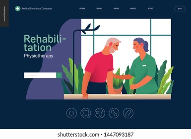 Medical insurance - rehabilitation and physiotherapy -modern flat vector concept digital illustration -physiotherapist helps patient walking using training parallel bars, medical office, laboratory