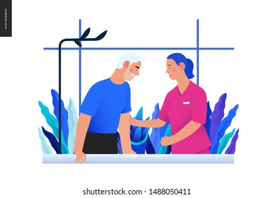 Medical insurance - rehabilitation and physiotherapy -modern flat vector concept digital illustration -physiotherapist helps patient walking using training parallel bars, medical office, laboratory