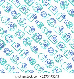 Medical insurance seamless pattern with thin line icons: policy, life insurance, psychological support, maternity program, 24/7 support, mobile app, telemedicine. Modern vector illustration.