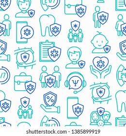 Medical insurance seamless pattern with thin line icons: policy, life insurance, psychological support, maternity program, 24/7 support, mobile app, telemedicine. Modern vector illustration.