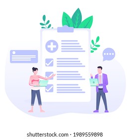 Medical insurance security care for life. Hospital diagnosis design, health care document filling concept. Document health diagnoses medical insurance. Text and cartoon character vector illustration