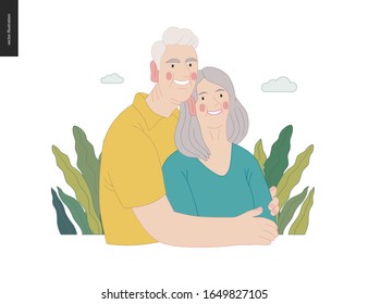 Medical insurance -senior citizen health plan -modern flat vector concept digital illustration of a happy elderly couple, standing embraced together holding their hands. Medical insurance plan.