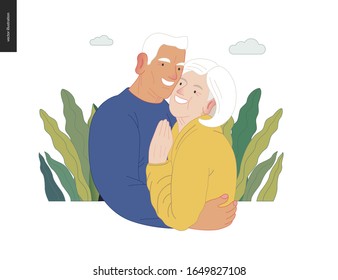 Medical insurance -senior citizen health plan -modern flat vector concept digital illustration of a happy elderly couple, standing embraced together holding their hands. Medical insurance plan.