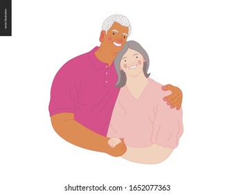 Medical insurance -senior citizen health plan -modern flat vector concept digital illustration of a happy elderly couple, standing embraced together holding their hands. Medical insurance plan.