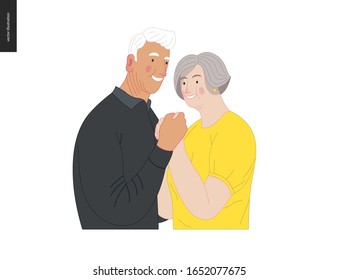 Medical insurance -senior citizen health plan -modern flat vector concept digital illustration of a happy elderly couple, standing embraced together holding their hands. Medical insurance plan.