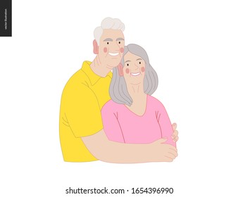 Medical insurance -senior citizen health plan -modern flat vector concept digital illustration of a happy elderly couple, standing embraced together holding their hands. Medical insurance plan.