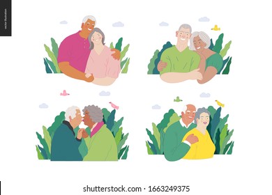 Medical insurance -senior citizen health plan -modern flat vector concept digital illustration of a happy elderly couple, standing embraced together holding their hands. Medical insurance plan.