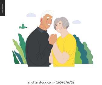 Medical insurance -senior citizen health plan -modern flat vector concept digital illustration of a happy elderly couple, standing embraced together holding their hands. Medical insurance plan.