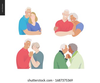 Medical insurance -senior citizen health plan -modern flat vector concept digital illustration of a happy elderly couple, standing embraced together holding their hands. Medical insurance plan.