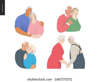 Medical insurance -senior citizen health plan -modern flat vector concept digital illustration of a happy elderly couple, standing embraced together holding their hands. Medical insurance plan.