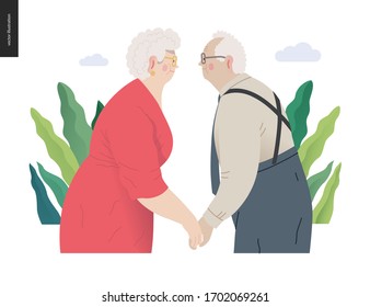 Medical insurance -senior citizen health plan -modern flat vector concept digital illustration of a happy elderly couple, standing embraced together holding their hands. Medical insurance plan.