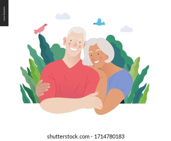 Medical insurance -senior citizen health plan -modern flat vector concept digital illustration of a happy elderly couple, standing embraced together holding their hands. Medical insurance plan.