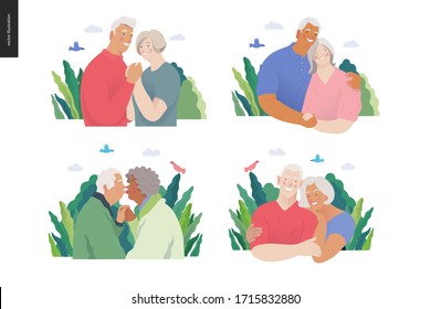 Medical insurance -senior citizen health plan -modern flat vector concept digital illustration of a happy elderly couple, standing embraced together holding their hands. Medical insurance plan.